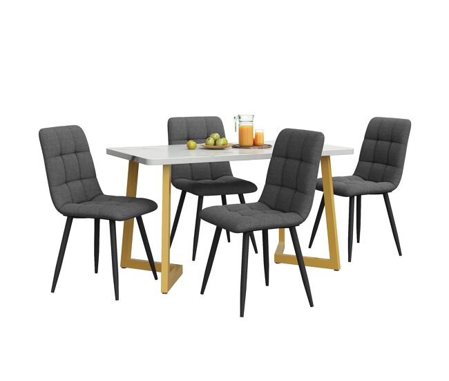 Conjunto comedor 117cm - mesa rectangular moderna con 4 sillas de lino gris - patas doradas