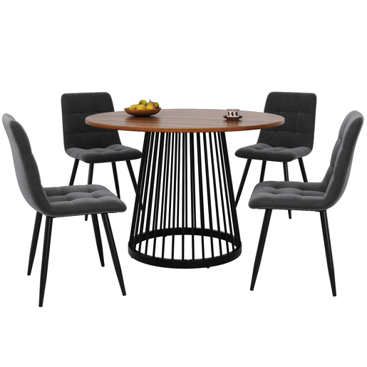 Conjunto de mesa e cadeiras 5 peças - Mesa redonda 80 cm, estrutura metálica preta, cadeiras de veludo