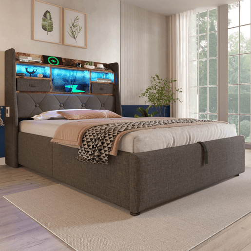 Cama hidráulica 90x200 cm - Com arrumação, cabeceira LED, 4 portas USBType-C - Cinza