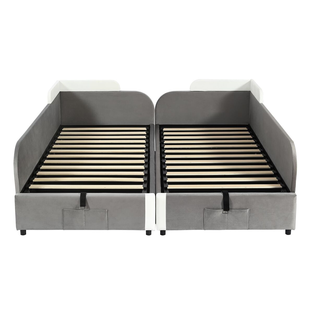 Cama infantil combinada 90x200 cm - cama hidráulica con almacenamiento, vallado blando, bolsa de almacenamiento - blanco+gris