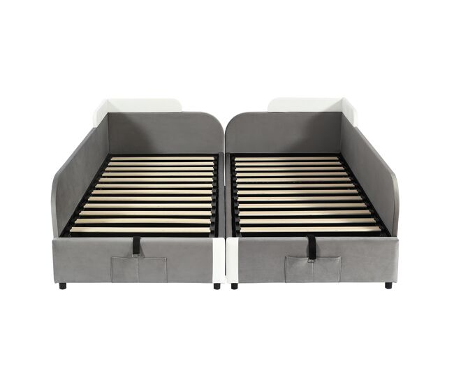 Cama infantil combinada 90x200 cm - cama hidráulica con almacenamiento, vallado blando, bolsa de almacenamiento - blanco+gris