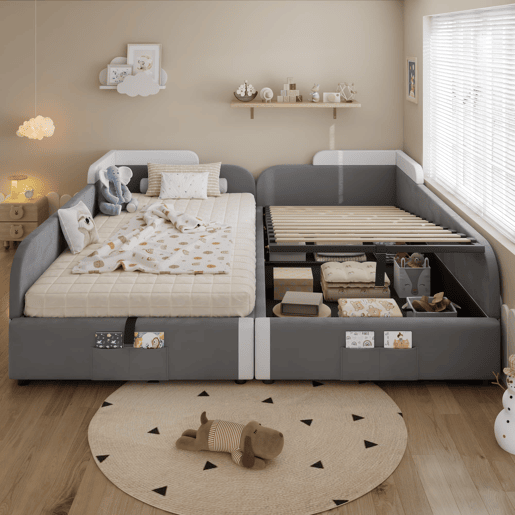 Cama infantil combinada 90x200 cm - Cama hidráulica com arrumação, vedação macia, saco de arrumação - Branco+cinzento Cama infantil combinada 90x200 cm - Cama hidráulica com arrumação, vedação macia, saco de arrumação - Branco+cinzento