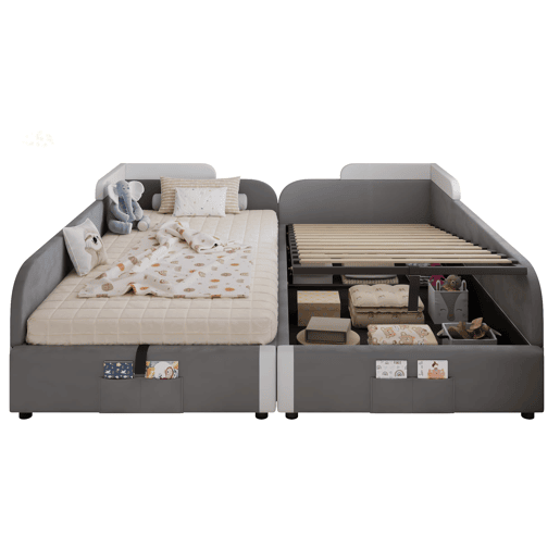 Cama infantil combinada 90x200 cm - Cama hidráulica com arrumação, vedação macia, saco de arrumação - Branco+cinzento Cama infantil combinada 90x200 cm - Cama hidráulica com arrumação, vedação macia, saco de arrumação - Branco+cinzento