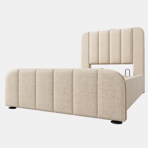 Cama Polsterbett 90x200 - Cabeceiras com tiras douradas, carregamento USB-C, bege