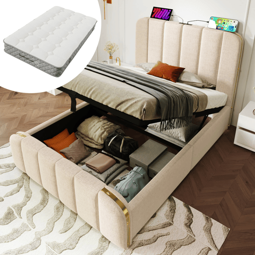 Cama Polsterbett 90x200 - Cabeceiras com tiras douradas, carregamento USB-C, bege