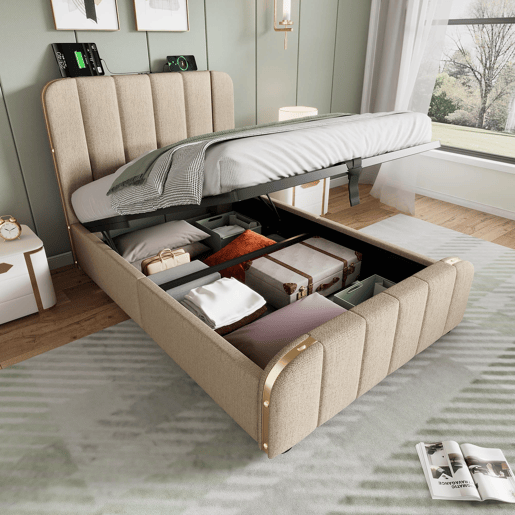Cama Polsterbett 90x200 - Cabeceiras com tiras douradas, carregamento USB-C, bege