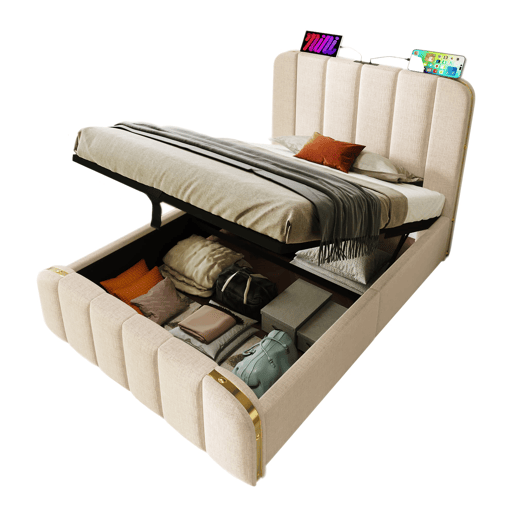 Cama Polsterbett 90x200 - Cabeceiras com tiras douradas, carregamento USB-C, bege