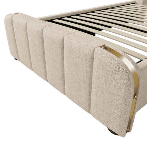Cama Polsterbett 90x200 - Cabeceiras com tiras douradas, carregamento USB-C, bege