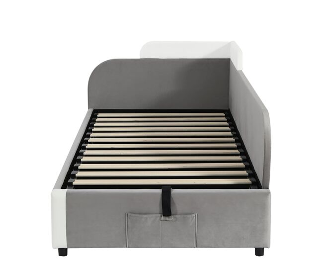 Cama hidráulica 90x200 cm - con almacenamiento, cercado suave, bolsa de almacenamiento - gris