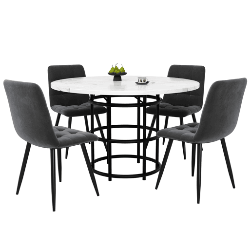 Conjunto de sala de jantar de 5 peças - Mesa redonda de 100 cm - 4 cadeiras de veludo cinzento - Preto