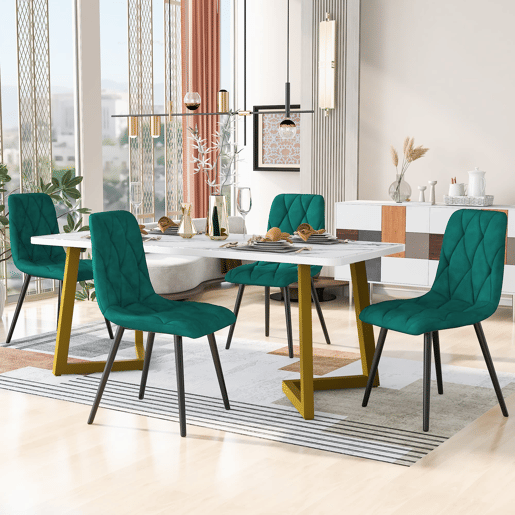 Conjunto de sala de jantar 117x68cm - Mesa retangular com 4 cadeiras - Tecido Twill verde escuro - Pernas douradas