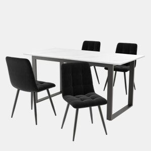 Conjunto de sala de jantar + 140180x80x75cm - Mesa moderna + 4 cadeiras, MDF branco, pernas pretas, cadeiras de veludo preto