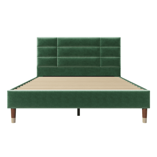 Cama estofada 140x200 cm - Com estrado e cabeceira - Tecido veludo verde escuro