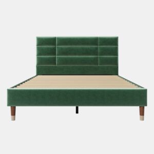 Cama estofada 140x200 cm - Com estrado e cabeceira - Tecido veludo verde escuro