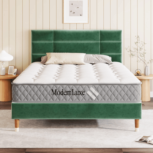 Cama estofada 140x200 cm - Com estrado e cabeceira - Tecido veludo verde escuro
