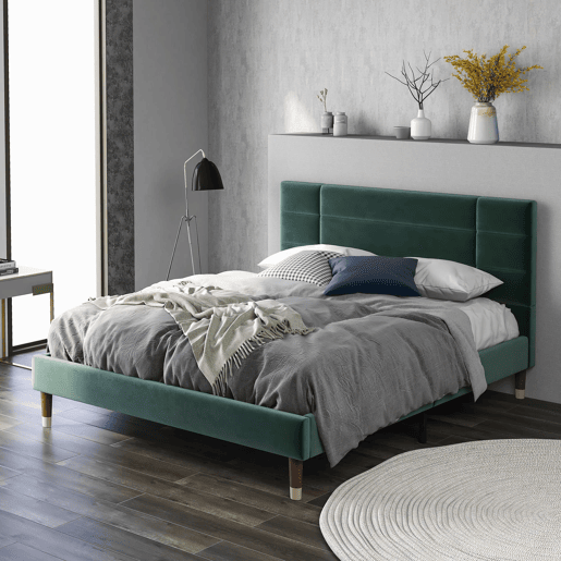 Cama estofada 140x200 cm - Com estrado e cabeceira - Tecido veludo verde escuro