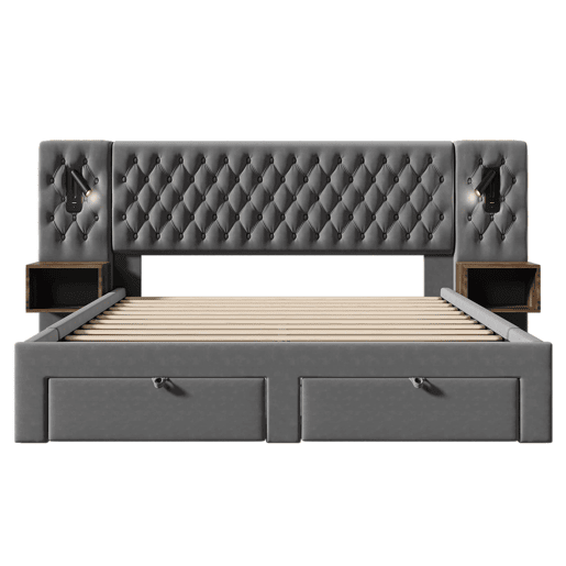 Conjunto completo para quarto 160x200 cm - Cama estofada com 2 mesas de cabeceira, 4 gavetas, luz LED com porta USB - Cinza