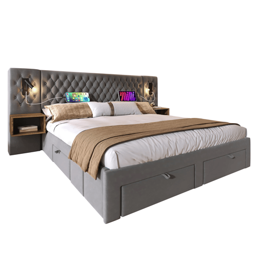 Conjunto completo para quarto 160x200 cm - Cama estofada com 2 mesas de cabeceira, 4 gavetas, luz LED com porta USB - Cinza