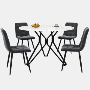 Conjunto de mesa e cadeiras 5 peças - Mesa redonda 100 cm - Pernas metálicas pretas - Cadeiras em linho cinzento