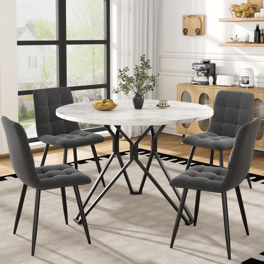 Conjunto de mesa e cadeiras 5 peças - Mesa redonda 100 cm - Pernas metálicas pretas - Cadeiras em linho cinzento