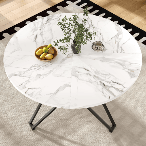 Conjunto de mesa e cadeiras 5 peças - Mesa redonda 100 cm - Pernas metálicas pretas - Cadeiras em linho cinzento