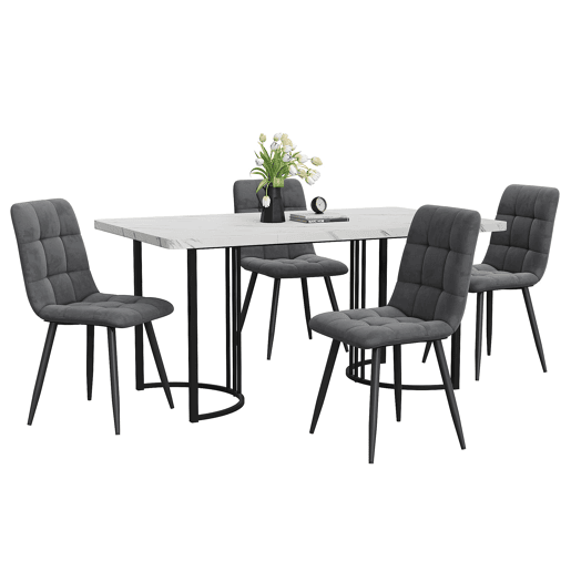 Conjunto de sala de jantar de 5 peças 140x80cm - Mesa com 4 cadeiras de veludo cinza escuro e pernas metálicas pretas