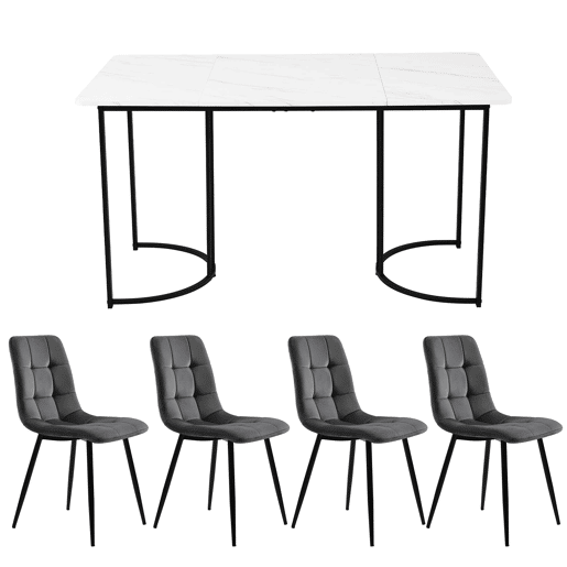 Conjunto de sala de jantar de 5 peças 140x80cm - Mesa com 4 cadeiras de veludo cinza escuro e pernas metálicas pretas