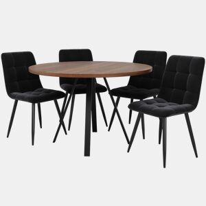 Conjunto de sala de jantar de 5 peças 80×80×75 cm - Mesa redonda com 4 cadeiras pretas - Assentos em veludo nogueira