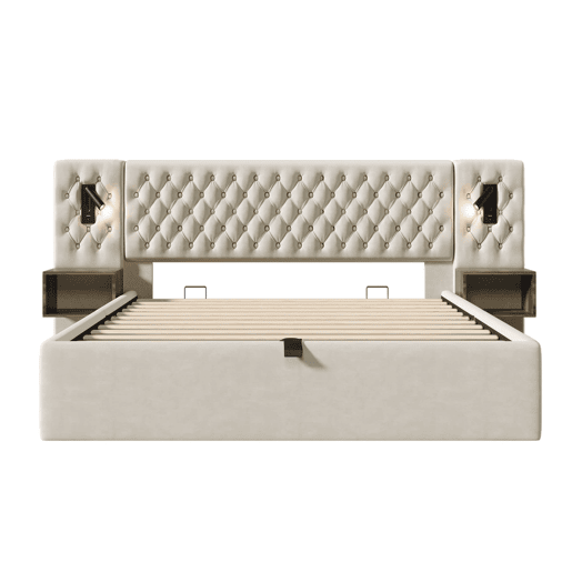 Conjunto completo para quarto 160x200 - Cama estofada com arrumação hidráulica, 2 mesas de cabeceira, luz LED com USB - Bege, veludo