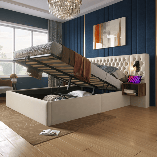 Conjunto completo para quarto 160x200 - Cama estofada com arrumação hidráulica, 2 mesas de cabeceira, luz LED com USB - Bege, veludo
