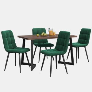 Conjunto de sala de jantar de 5 peças - Mesa de jantar 117x68 cm - Estrutura metálica preta - Cor nogueira, cadeiras de veludo verde escuro
