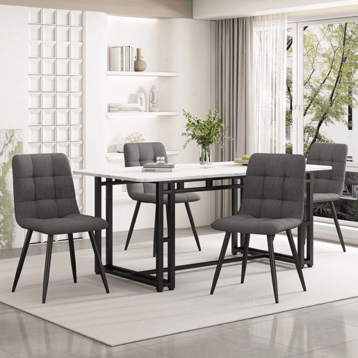 Conjunto de sala de jantar 140x80cm - Moderno, cadeiras em linho cinzento, mesa em ferro preto