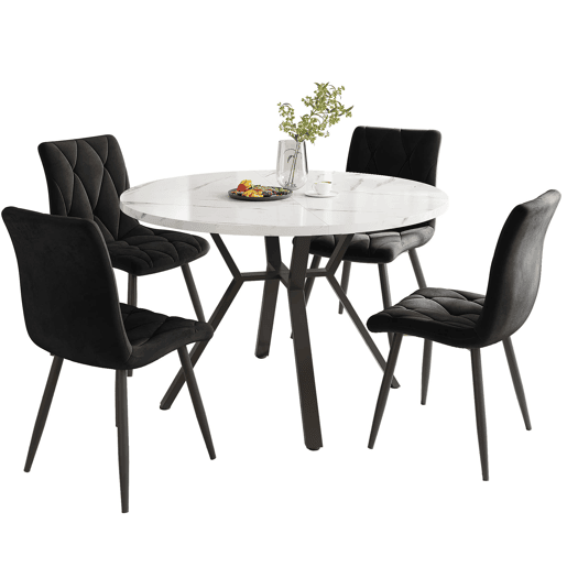 Conjunto de sala de jantar de 5 peças - Mesa redonda de mármore com pernas metálicas pretas - 4 cadeiras ergonómicas de couro preto