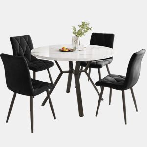 Conjunto de sala de jantar de 5 peças - Mesa redonda de mármore com pernas metálicas pretas - 4 cadeiras ergonómicas de couro preto