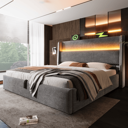 Cama hidráulica 140x200 cm - Com iluminação LED, armazenamento e portas USBType-C - Cinza