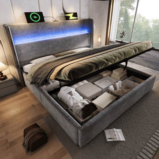 Cama hidráulica 140x200 cm - Com iluminação LED, armazenamento e portas USBType-C - Cinza