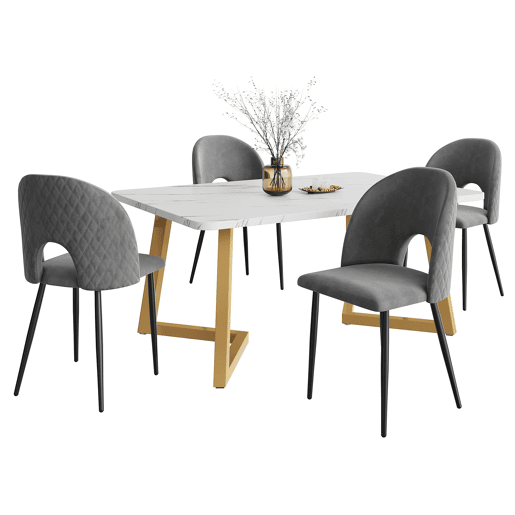 Conjunto de sala de jantar 117x68 cm - Mesa retangular moderna com 4 cadeiras, veludo cinzento, pernas douradas
