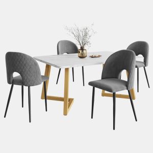 Conjunto de sala de jantar 117x68 cm - Mesa retangular moderna com 4 cadeiras, veludo cinzento, pernas douradas