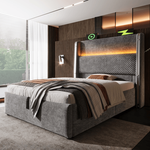 Cama hidráulica 90x200 cm - Com iluminação LED, armazenamento, portas USBType-C - Cinza