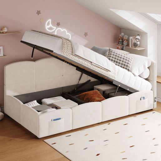 Cama estofada 90x200 cm - Cama infantil, cama individual, cama com arrumação, sofá-cama, bege