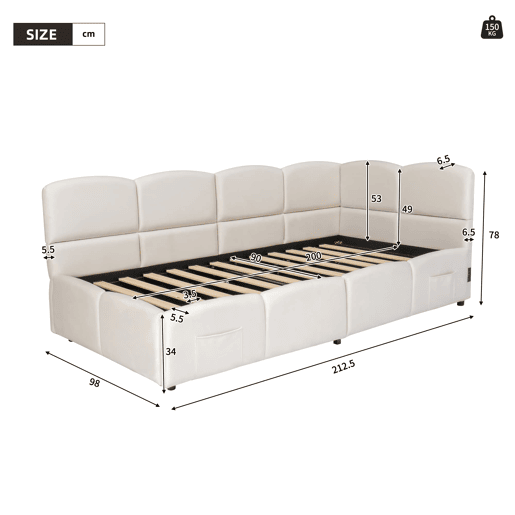 Cama estofada 90x200 cm - Cama infantil, cama individual, cama com arrumação, sofá-cama, bege