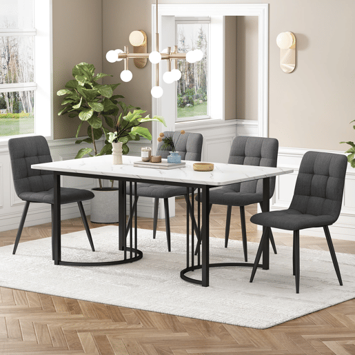 Conjunto de sala de jantar de 5 peças 140x80 cm - Mesa com 4 cadeiras, pernas metálicas pretas, tampo em MDF branco, cadeiras em linho cinza escuro