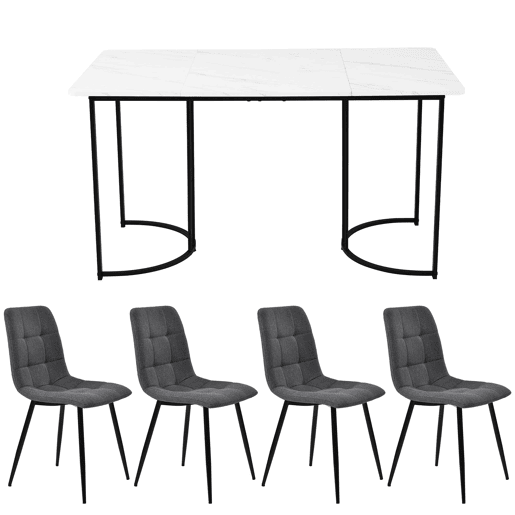 Conjunto de sala de jantar de 5 peças 140x80 cm - Mesa com 4 cadeiras, pernas metálicas pretas, tampo em MDF branco, cadeiras em linho cinza escuro