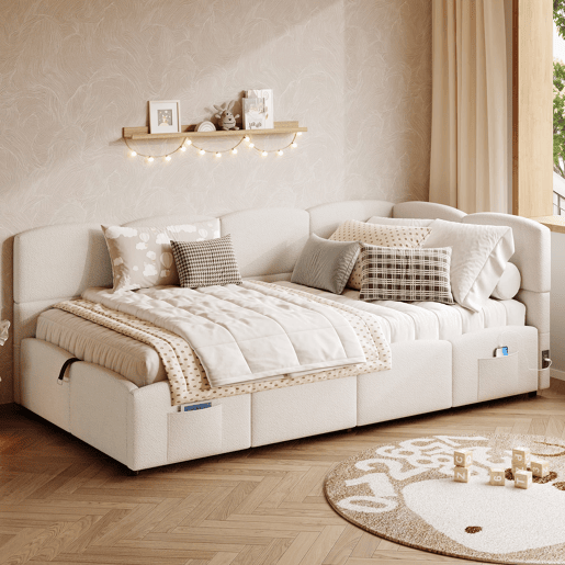 Cama estofada 90x200 cm - com estrado de ripas, sofá-cama, USB, bolsa de armazenamento, bege