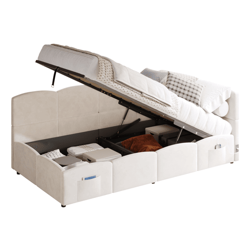 Cama estofada 90x200 cm - com estrado de ripas, sofá-cama, USB, bolsa de armazenamento, bege