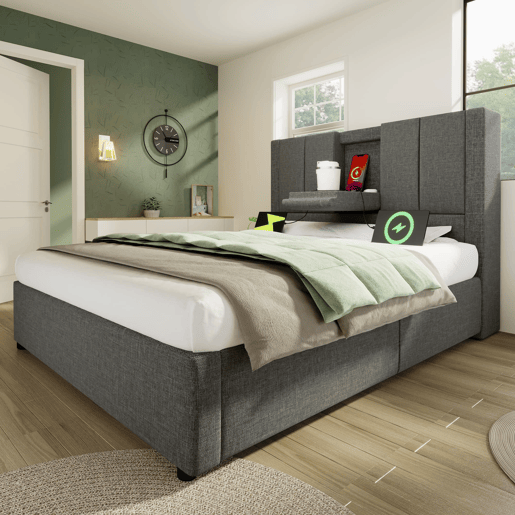 Cama estofada 90x200 cm - Cama individual com suporte oculto para copos e estação de carregamento - Cinza
