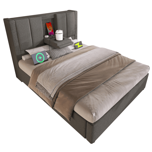 Cama estofada 90x200 cm - Cama individual com suporte oculto para copos e estação de carregamento - Cinza