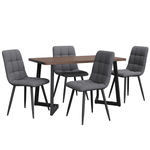 Conjunto de sala de jantar de 5 peças - Mesa de jantar com 4 cadeiras, madeira de nogueira, pernas metálicas pretas, linho cinzento