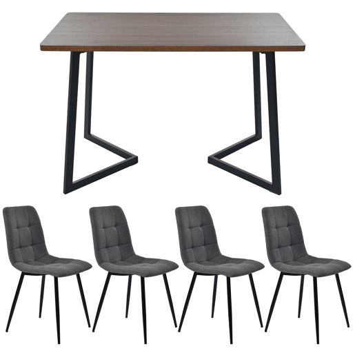 Conjunto de sala de jantar de 5 peças - Mesa de jantar com 4 cadeiras, madeira de nogueira, pernas metálicas pretas, linho cinzento