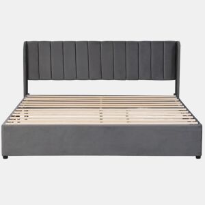 Cama estofada 180x200 cm - Com estrado, encosto e 2 gavetas - Cinza